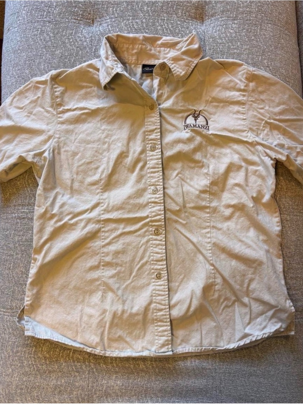 Women’s Khaki Short-Sleeve Button-Down Shirt with Embroidered Logo